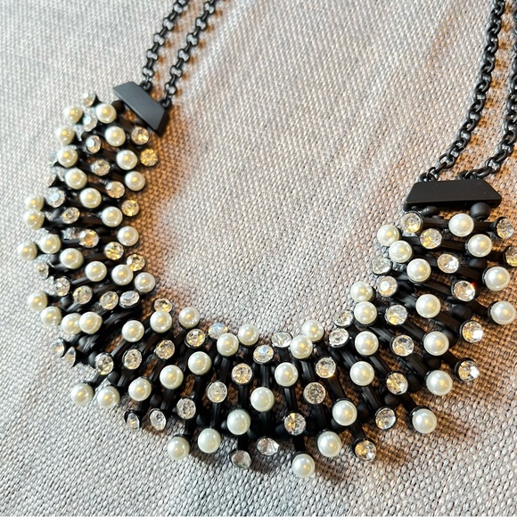 Egyptian Revival Bib Collar Necklace Faux Pearl & Gem Stone Pin Cushion Necklace - Picture 2 of 13